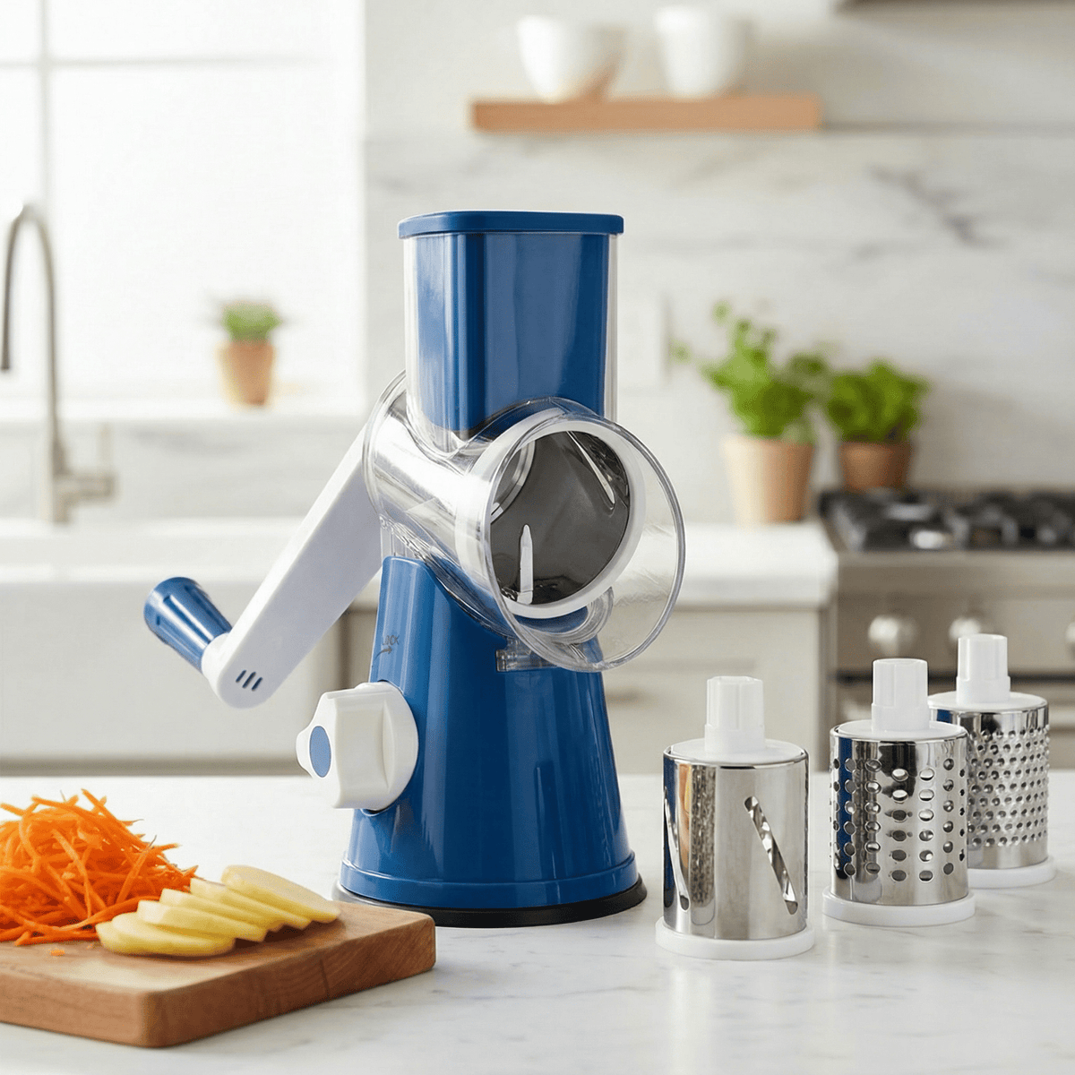 Premium Rotary Cheese Grater, Manual Cheese Grater for Kitchen, Handheld Vegetables Slicer Cheese Shredder with Rubber Suction Base, 3 Stainless Drum Blades Included,Blue