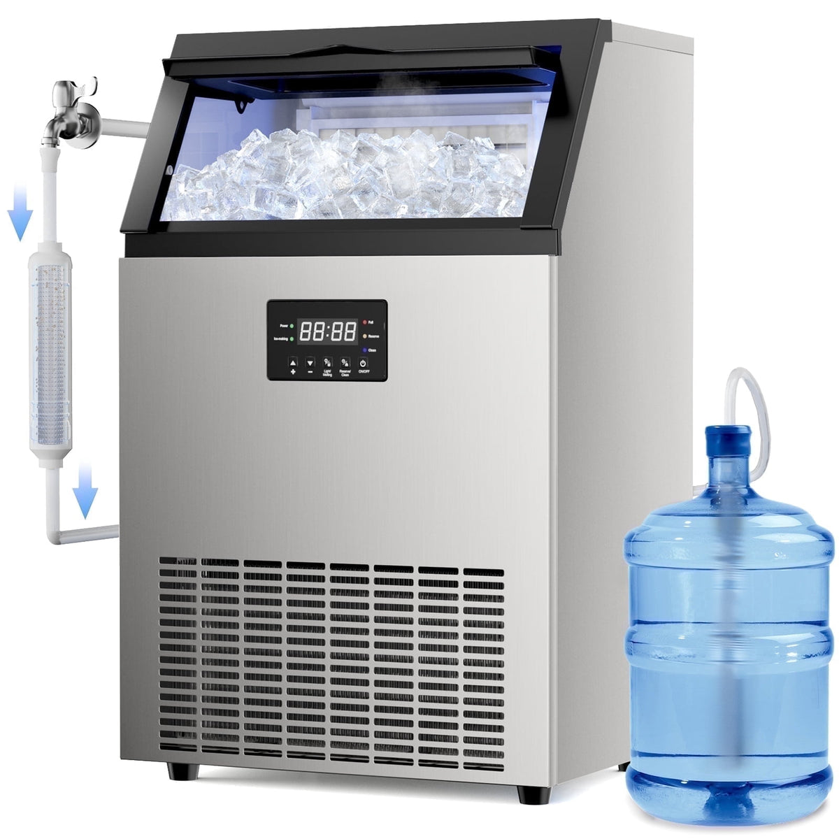 Ecojoy Commercial Ice Maker Machine 200Lbs/24H, 50Lbs Storage Bin, Freestanding & Under Counter Ice Maker | 55 Ice Cubes in 5-15 min | Thicknesses Adjustable | Commercial Ice Machine, Stainless Steel