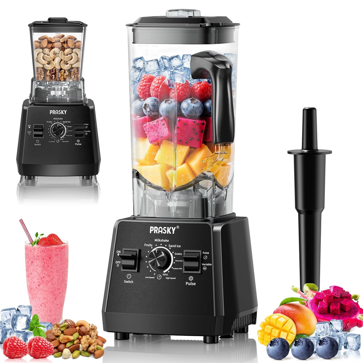 PRASKY 2-in-1 Professional Countertop Blender 96oz Large Capacity 1000W Blender for Smoothies Fruit