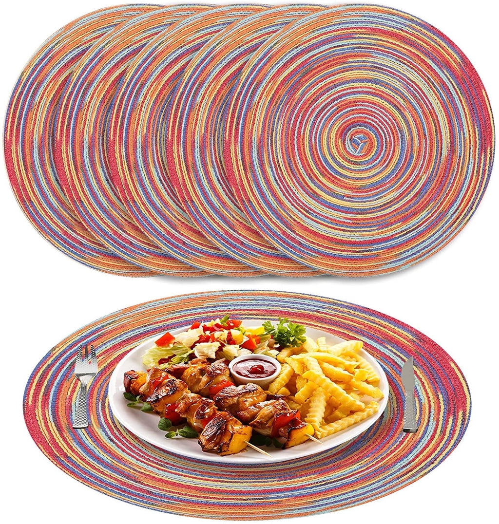 NEWEEN 15" Round Placemats Set of 6 Braided Fabric Heat Resistant Washable Table Mat for Kitchen for Kitchen Party Decor