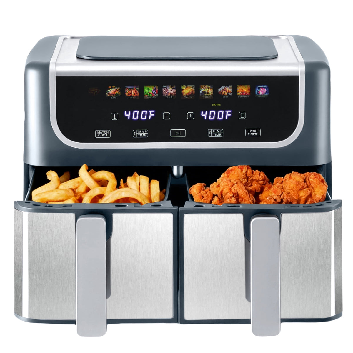 EDX 9QT Dual Basket Stainless Steel Air Fryer with Digital Sync & Match Cook, 1700W, 10 Presets, 2 Independent Cooking Zones, Shake Reminder, Black