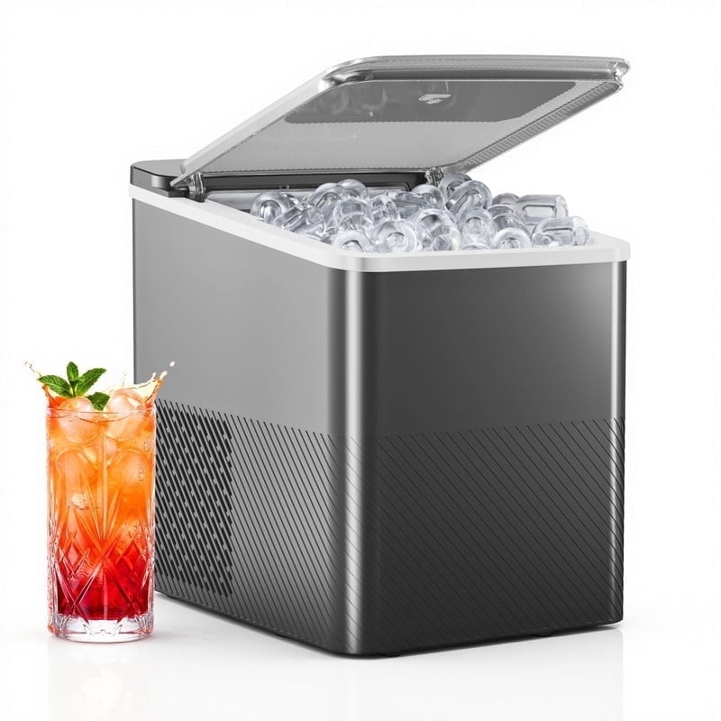 EUHOMY Countertop Ice Maker with Handle, 26 lbs/Day Portable Ice Machine, 9 Bullet Cubes in 6 Minutes, 2 Ice Sizes, Self-Cleaning, 1.1L Water Tank, Black