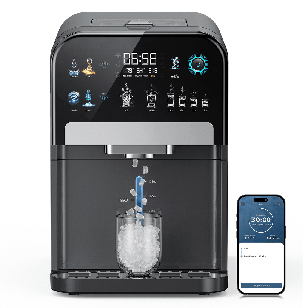 Ecozy Chillio 2-in-1 Nugget Ice Maker & Water Dispenser with Smart App, Self-Cleaning, Auto Lighting, TDS Monitor, Measured Dispensing, 33Lbs/24H