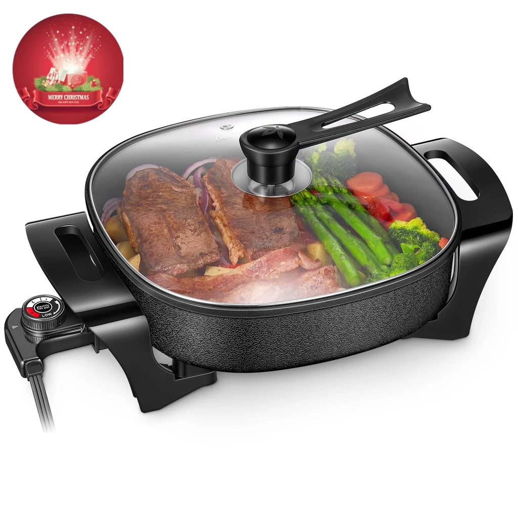 Electric Skillet, 12 inch Deep Non Stick Electric Skillet with Glass Cover, FOHERE Skillet for kicthen, 1360W, Black