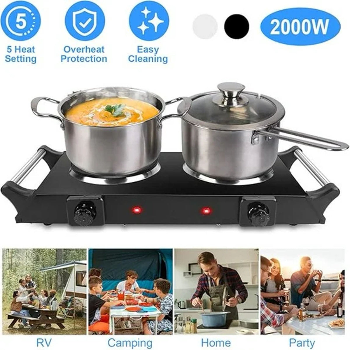 2000W Double Countertop Burner, Portable Electric Hot Plate and Stove with 5 Temperature Controls, Lightweight Burner Cooktop for Kitchen, Dorms, Apartments, RV, Black