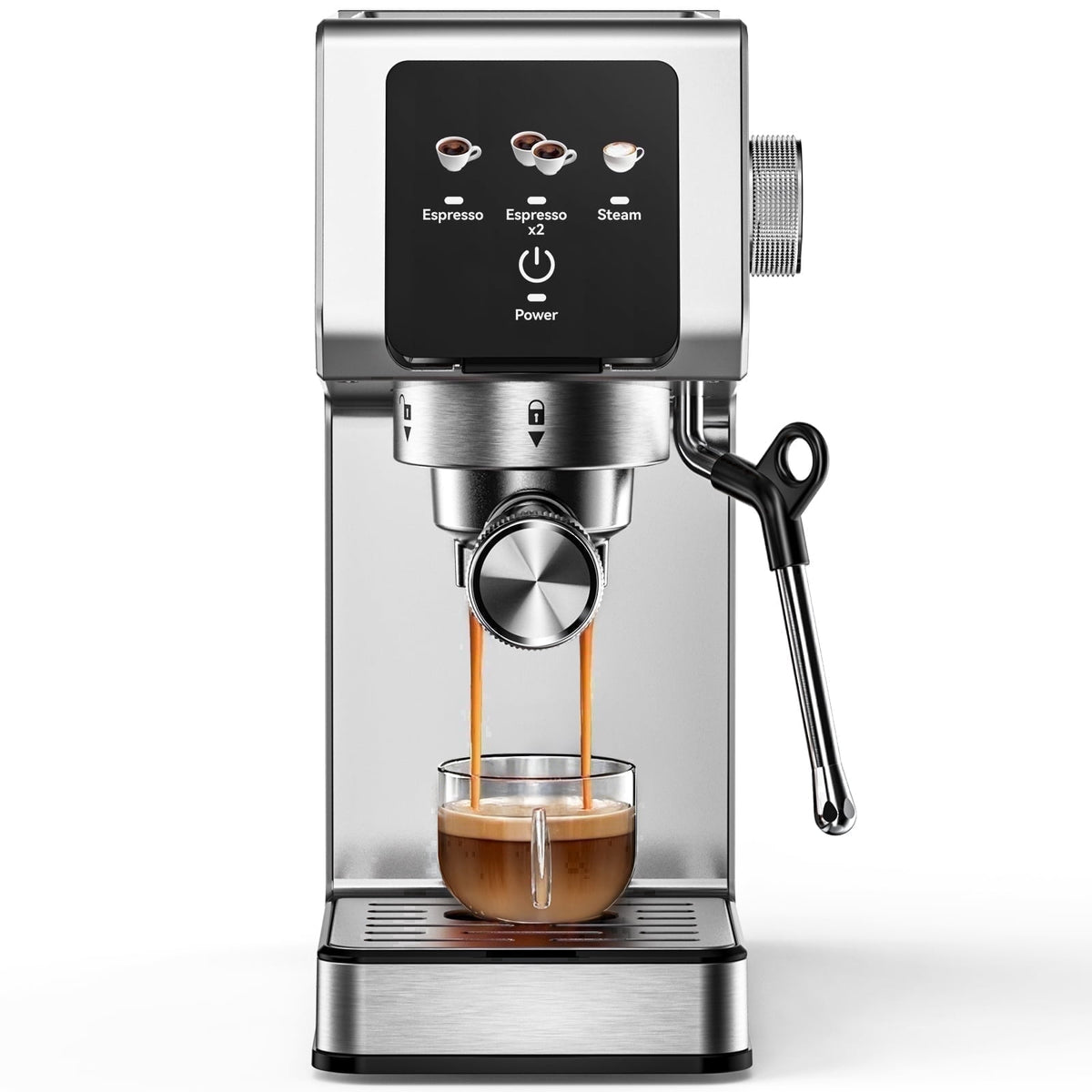 Espresso Machine 20 Bar, Rapid Cold Brew, Stainless Steel Coffee Machine with 40oz Removable Water Tank for Cappuccino, Latte, Silver