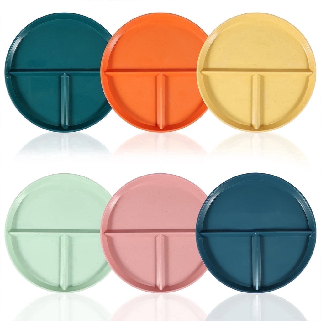 Evjurcn 6Pcs Divided Dinner Plates 3 Compartment Unbreakable Dinner Diet Plates Stackable Portion Control Dish Reusable Divider Plates Microwave Dishwasher Safe for Kids Adults Seniors