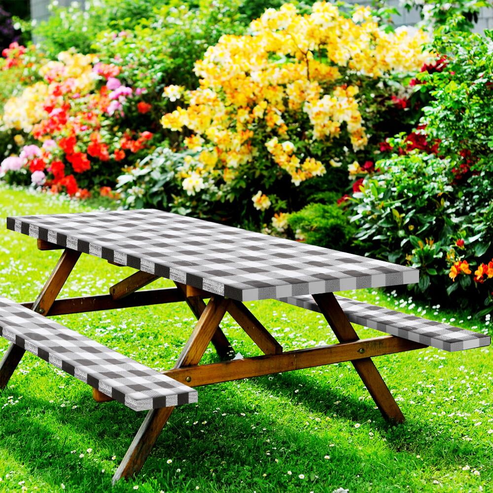 FGY Picnic Table Covers, 3 Piece Set Waterproof Picnic Table and Bench Cover Outdoor Camping Tablecloth (Black&White)