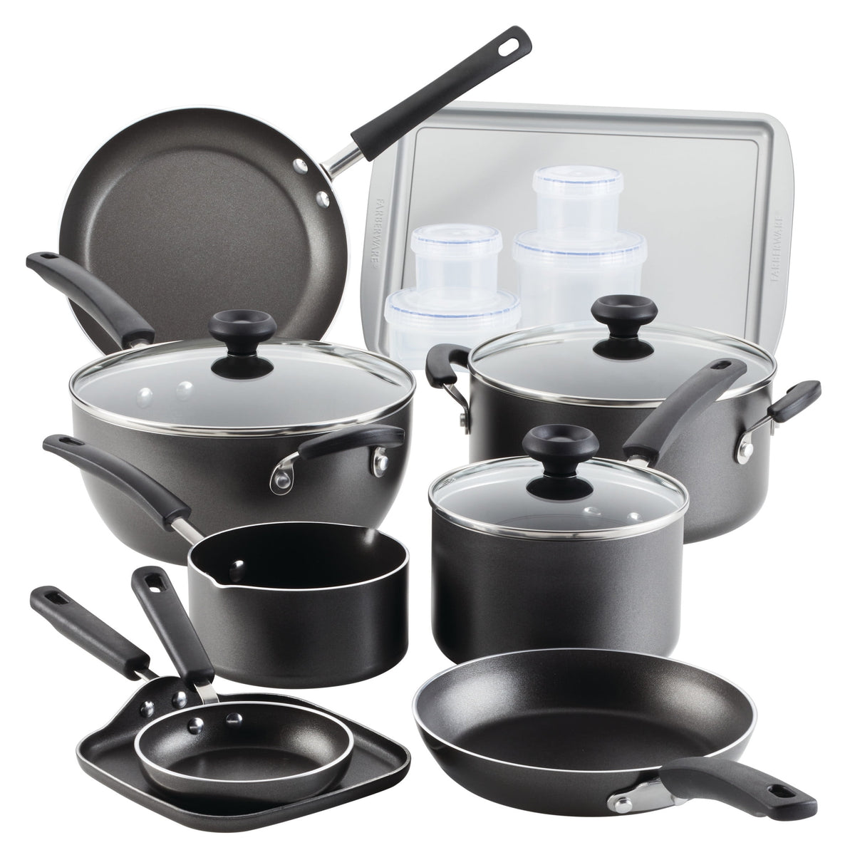 Farberware Easy Clean 20 Pcs Nonstick Cookware Set and Glass Lids with Cooking Tools and Food Storage Containers, Dishwasher Safe, Gray