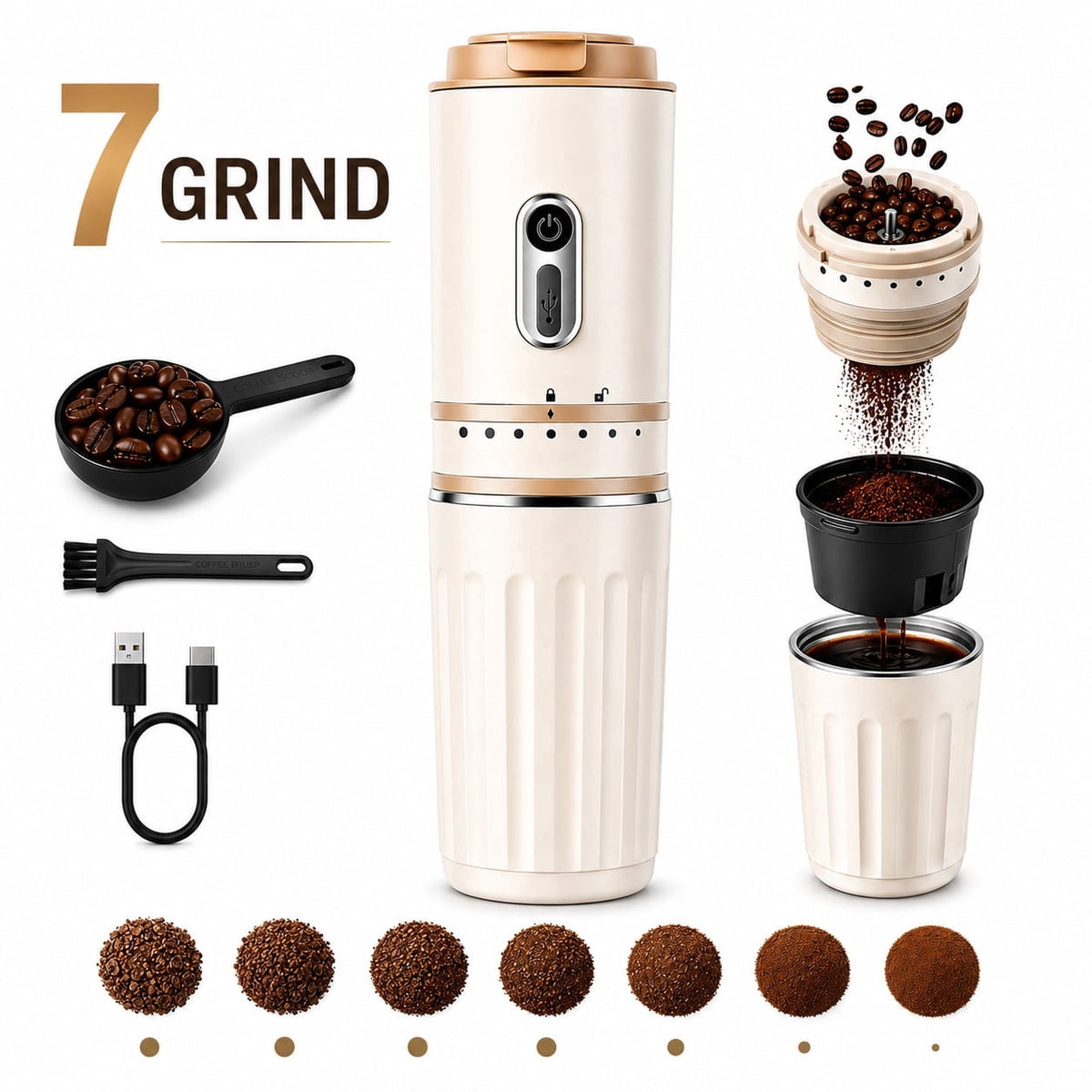 Fatomal Portable Coffee Maker, Travel Coffee Maker with Electric Grinder, Cordless Mini Coffee Machines with Insulated Mug for Travel, Camping, Car, White