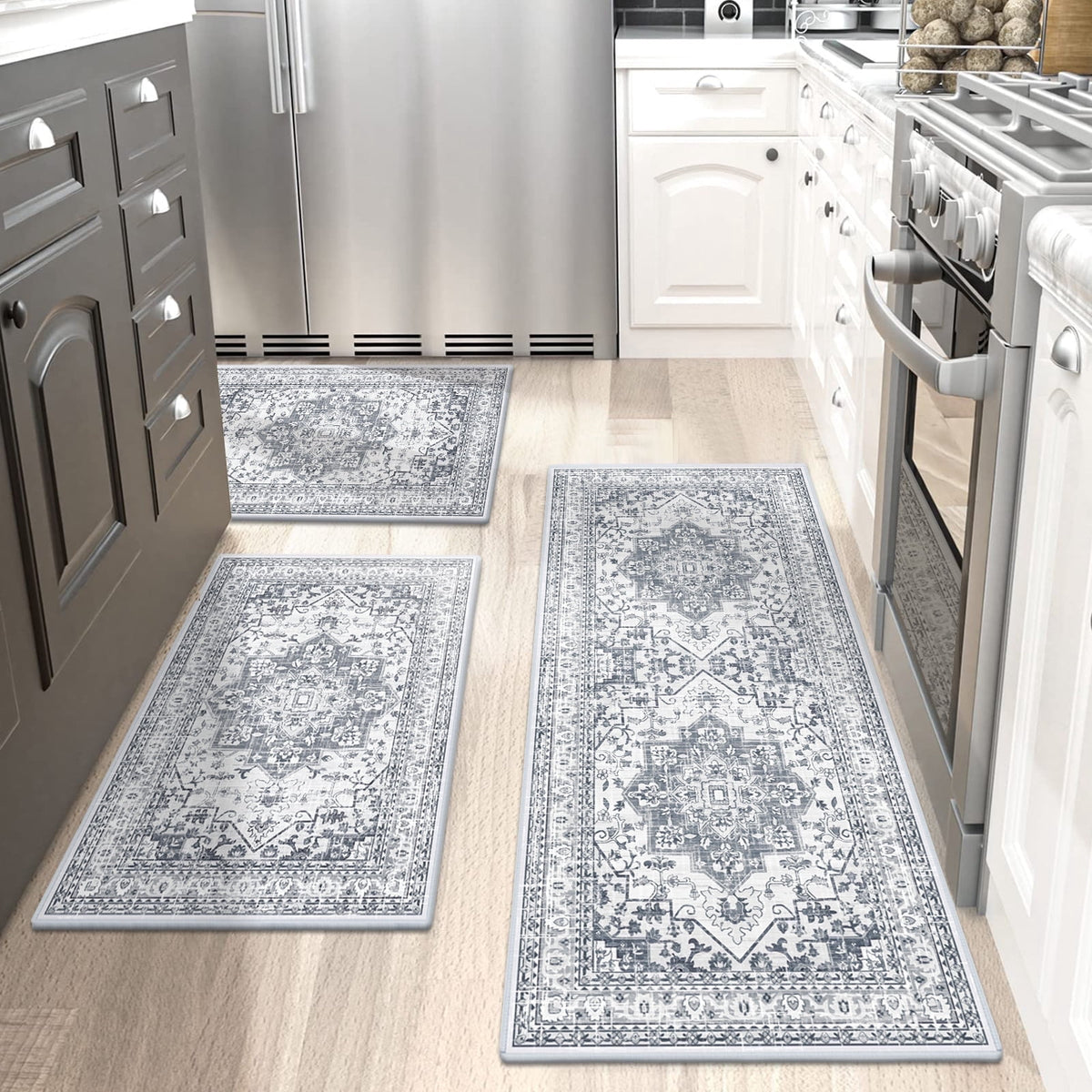 Findosom 3pcs Kitchen Rugs Set,Washable Boho Farmhouse Kitchen Mats for Floor,Non Slip Kitchen Floor Mat Carpet Runner Rugs for Entryway Hallway Laundry Home Decor 20"x32"+20"x32"+20"x47" Gray