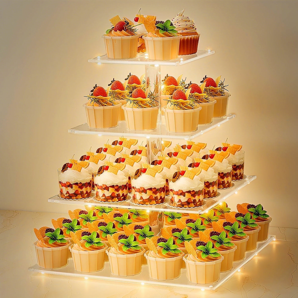 TINANA 4 Tier Acrylic Cupcake Stand with LED Light, Premium Dessert Tower Display Holder for Weddings, Birthday Parties, Candy Bar Décor, Yellow Light