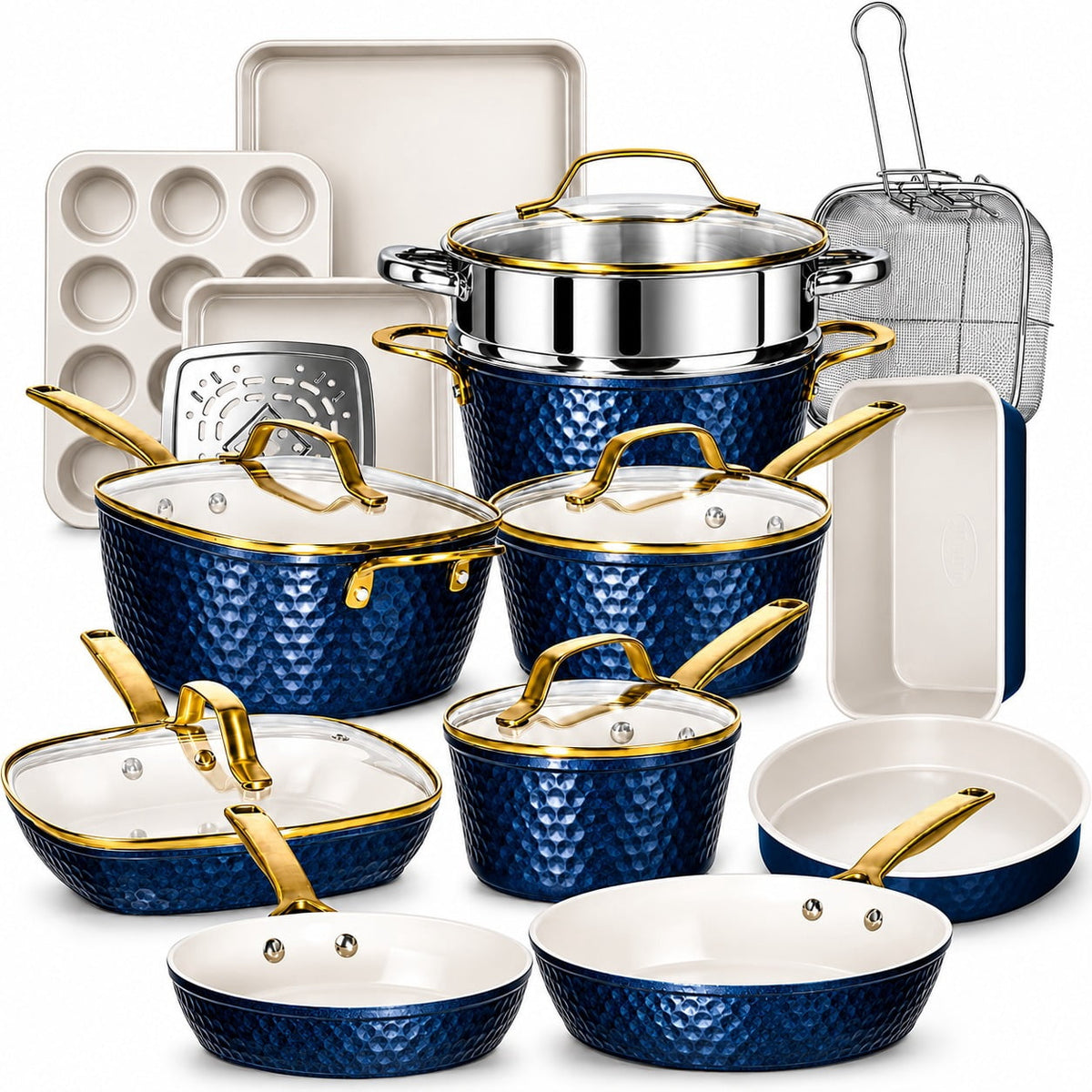 Gotham Steel Hammered 20 Pc Ceramic Cookware Set Nonstick, Induction Pots and Pans Set, Non Toxic Cookware Sets, Oven & Dishwasher Safe, Copper