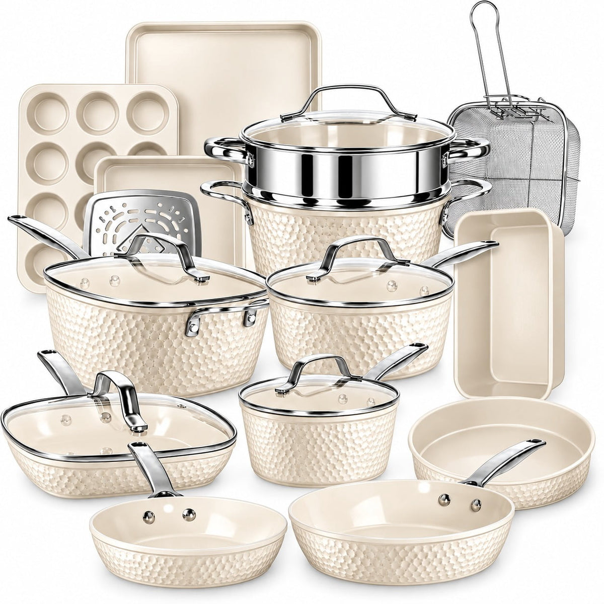 Gotham Steel Hammered 20 Pc Ceramic Cookware Set Nonstick, Induction Pots and Pans Set, Non Toxic Cookware Sets, Oven & Dishwasher Safe, Copper