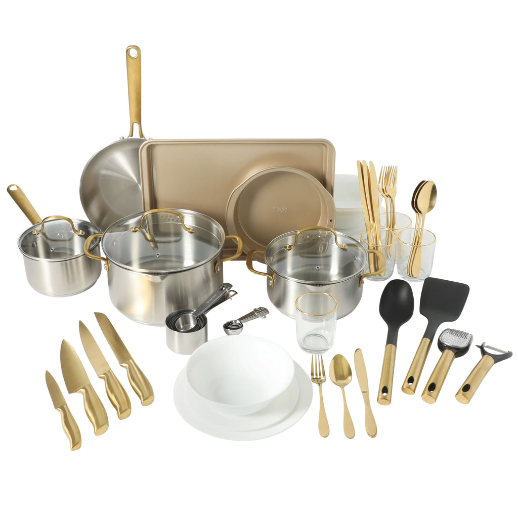Gibson Home 55-Piece Stainless Steel Cookware Set, Cooking Pots and Pans with Dinnerware, Bakeware, & Utensils
