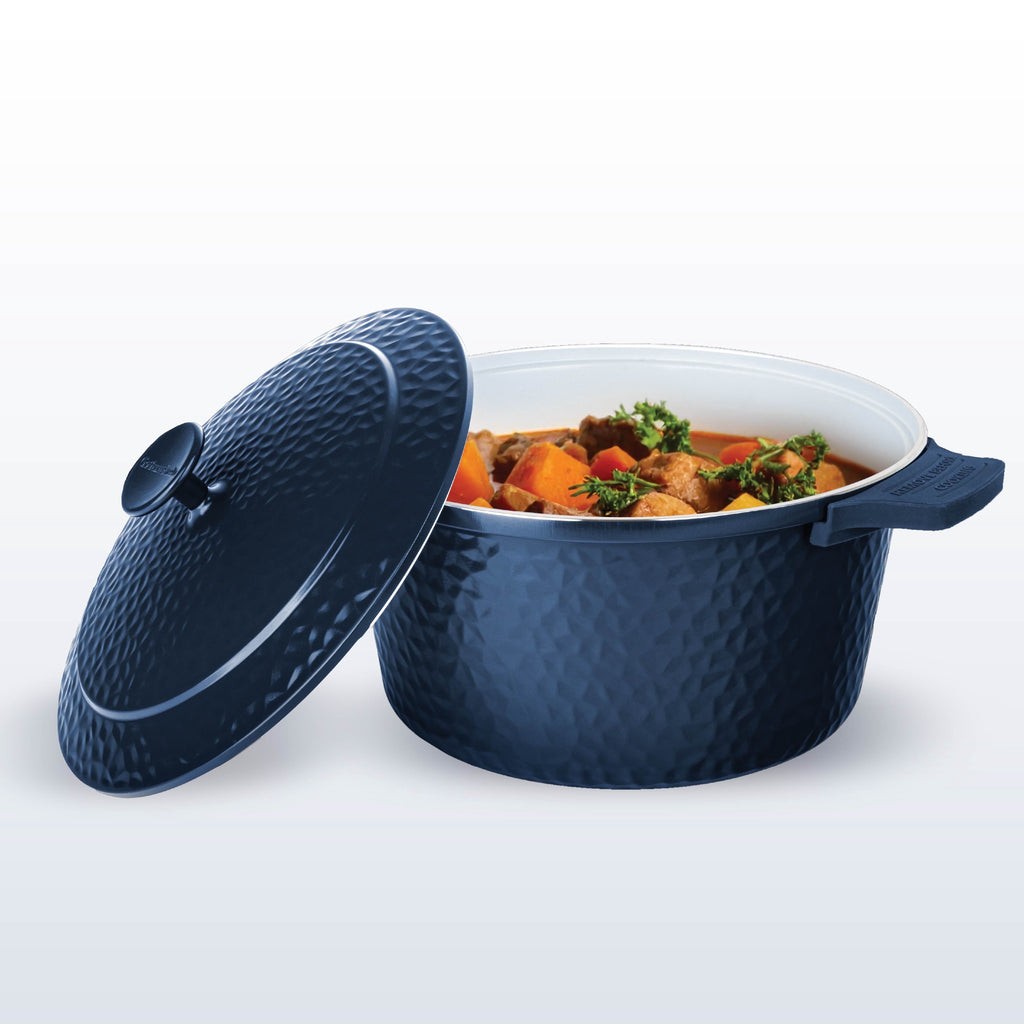 Gotham Steel Ceramic Hammered 5 Qt Lightweight Dutch Oven Pot with Lid & Holders, Oven Safe & Even Heat Retaining Dutch Oven for Bread Baking Sourdough, Soup, 70% Lighter than Cast Iron, Navy