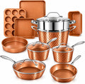 Gotham Steel Hammered 15 Pc Ceramic Cookware Set Nonstick, Deep Copper Pots and Pans Set Non Stick with Bakeware & Deep Fry Pan, Non Toxic Induction Oven and Dishwasher Safe