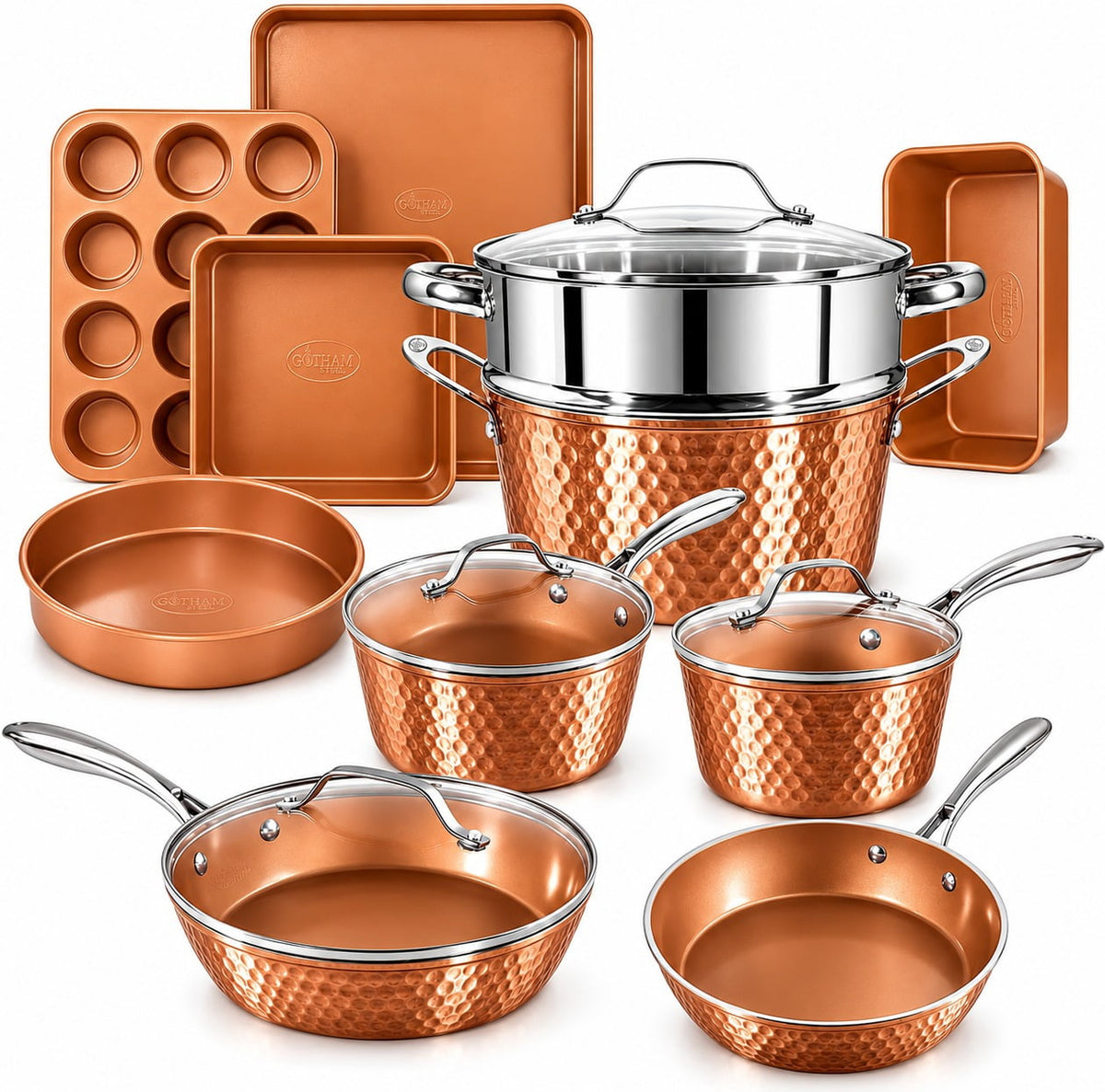 Gotham Steel Hammered 15 Pc Ceramic Cookware Set Nonstick, Deep Copper Pots and Pans Set Non Stick with Bakeware & Deep Fry Pan, Non Toxic Induction Oven and Dishwasher Safe
