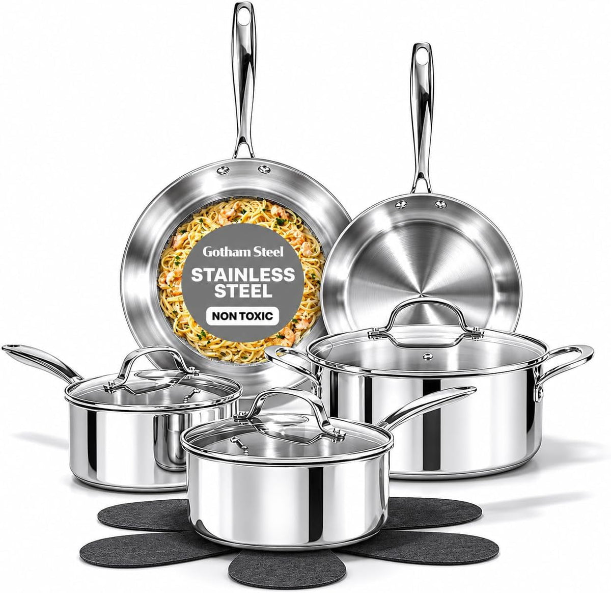 Gotham Steel 10 Pcs Stainless Steel Cookware Set, Pots and Pans Set Non Stick with Induction Cookware, Made Without Forever Chemicals, Metal Utensil Safe, Oven and Dishwasher Safe