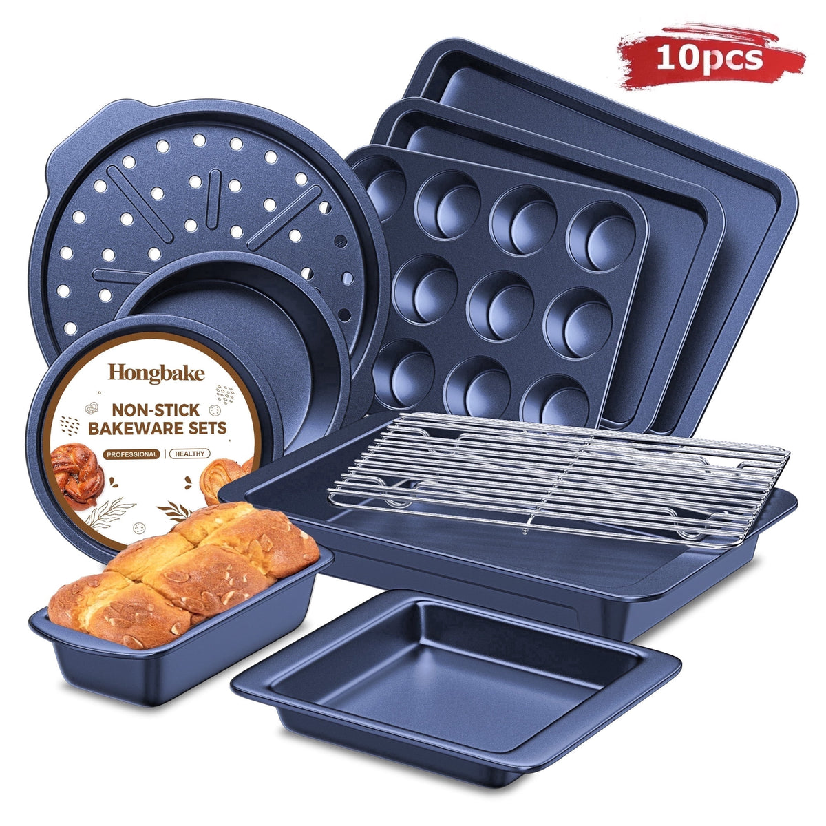 HONGBAKE 29-Pcs Nonstick Carbon Steel Bakeware Set, Baking Pan Set with Baking Sheets, Cake Pans, Loaf Pan & Muffin Pan, Grey
