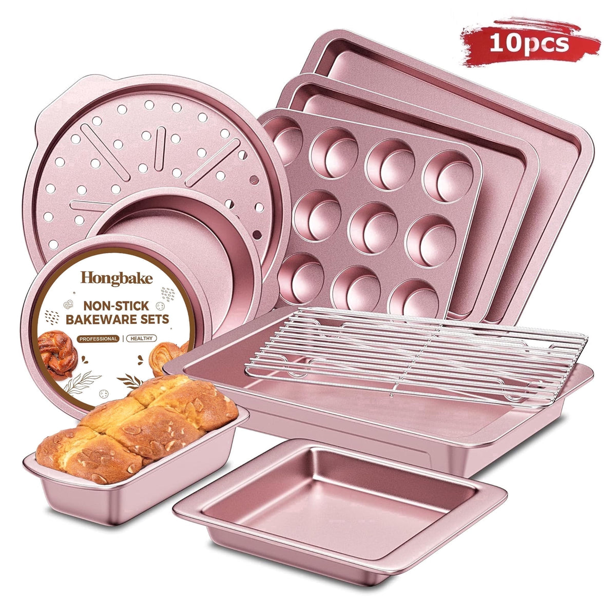 HONGBAKE 29-Pcs Nonstick Carbon Steel Bakeware Set, Baking Pan Set with Baking Sheets, Cake Pans, Loaf Pan & Muffin Pan, Grey