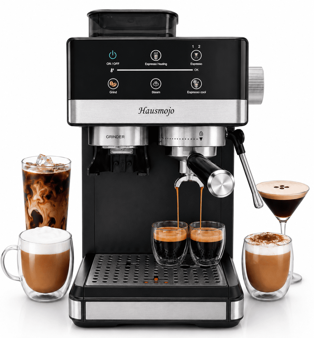 Hausmojo M5520 Espresso Machine with Grinder & Milk Frother , 20 Bar Semi-Automatic Cappuccino Latte Maker for Home