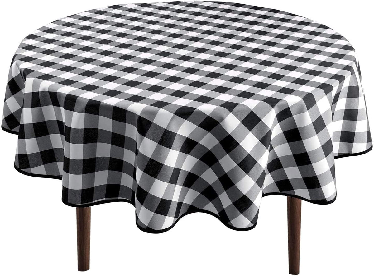 Hiasan Checkered Round Tablecloth 60 Inch - Waterproof Stain and Wrinkle Resistant Washable Fabric Table Cloth for Dining Room Party Outdoor Picnic, Black and White