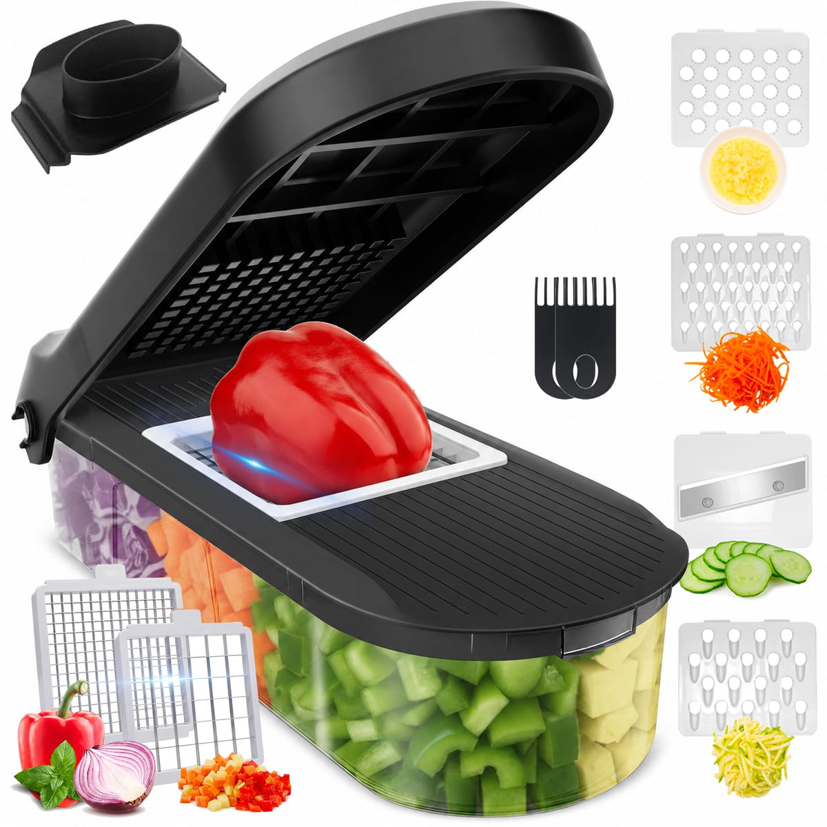 Honhorrs Vegetable Chopper Mandoline Slicer with Container, Food Veggie Chopper, Cheese Grater, Onion Vegetable Cutter for Kitchen Gadgets & Gifts, Home Essentials (9-in-1, Black)