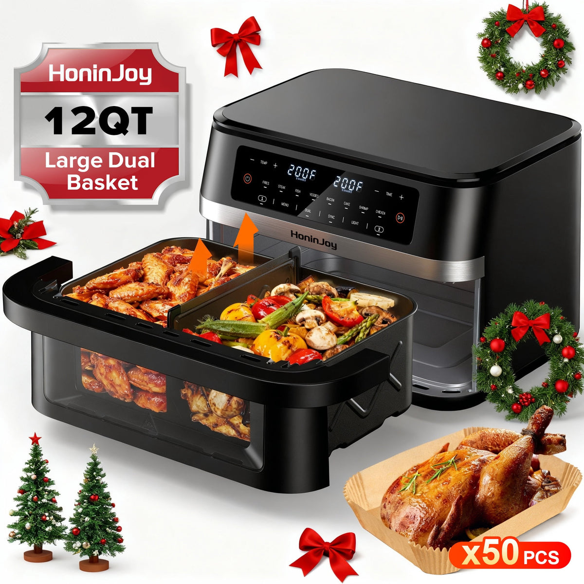 HoninJoy 12 QT Large Dual Basket Air Fryer, With Visible Cooking Window( 50PCS Air Fryer Liners Included)-New