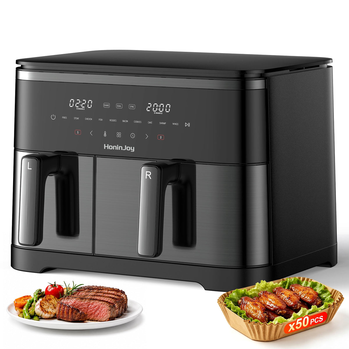 HoninJoy 12 QT Large Dual Basket Air Fryer, With Visible Cooking Window( 50PCS Air Fryer Liners Included)-New