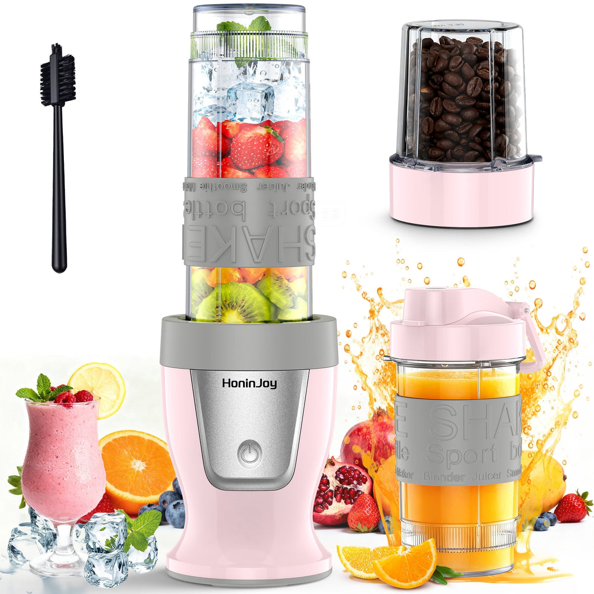 HoninJoy Portable Blender, Compact Personal Blender for-Smoothies, Shakes, Food Prep, and Frozen Blending, 20-oz. Cups and Spout Lids, Grinding Cup