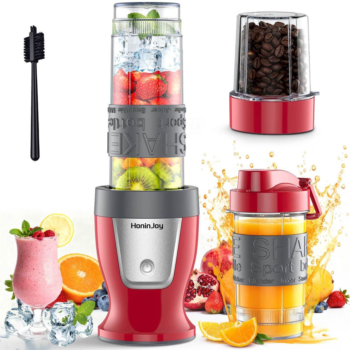HoninJoy Portable Blender, Compact Personal Blender for-Smoothies, Shakes, Food Prep, and Frozen Blending, 20-oz. Cups and Spout Lids, Grinding Cup