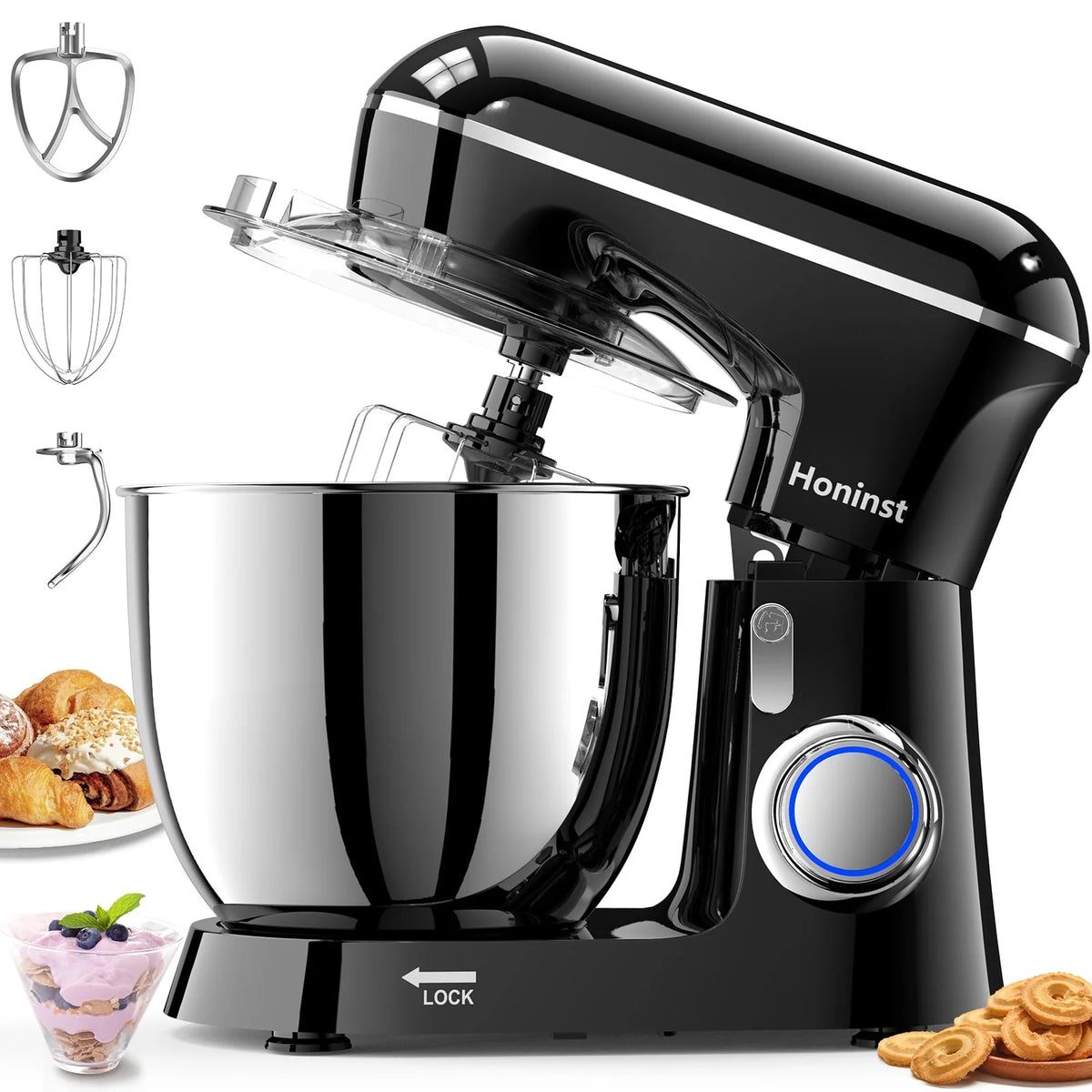 Honinst 6.5 QT Electric Stand Mixer, 10+P Speeds Lightweight with Tilt-Head Kitchen Stand Mixer, Dough Hook, Whisk, Beater and Bowl, Food Mixer for Baking, Cake and Most Home Cooks