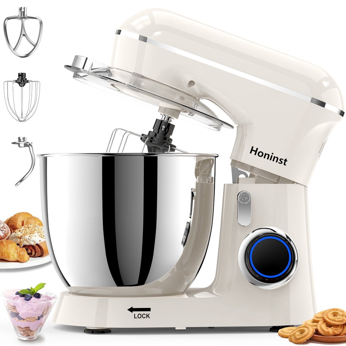 Honinst 6.5 QT Electric Stand Mixer, 10+P Speeds Lightweight with Tilt-Head Kitchen Stand Mixer, Dough Hook, Whisk, Beater and Bowl, Food Mixer for Baking, Cake and Most Home Cooks