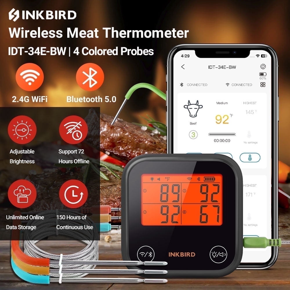 Inkbird WiFi&Bluetooth Meat Thermometer,4 Colored Probes Wireless BBQ GrillingThermometers for Barbecue ,Smoker,Oven | APP Calibration Temp Graph | Mobile Notification Timer Alarm