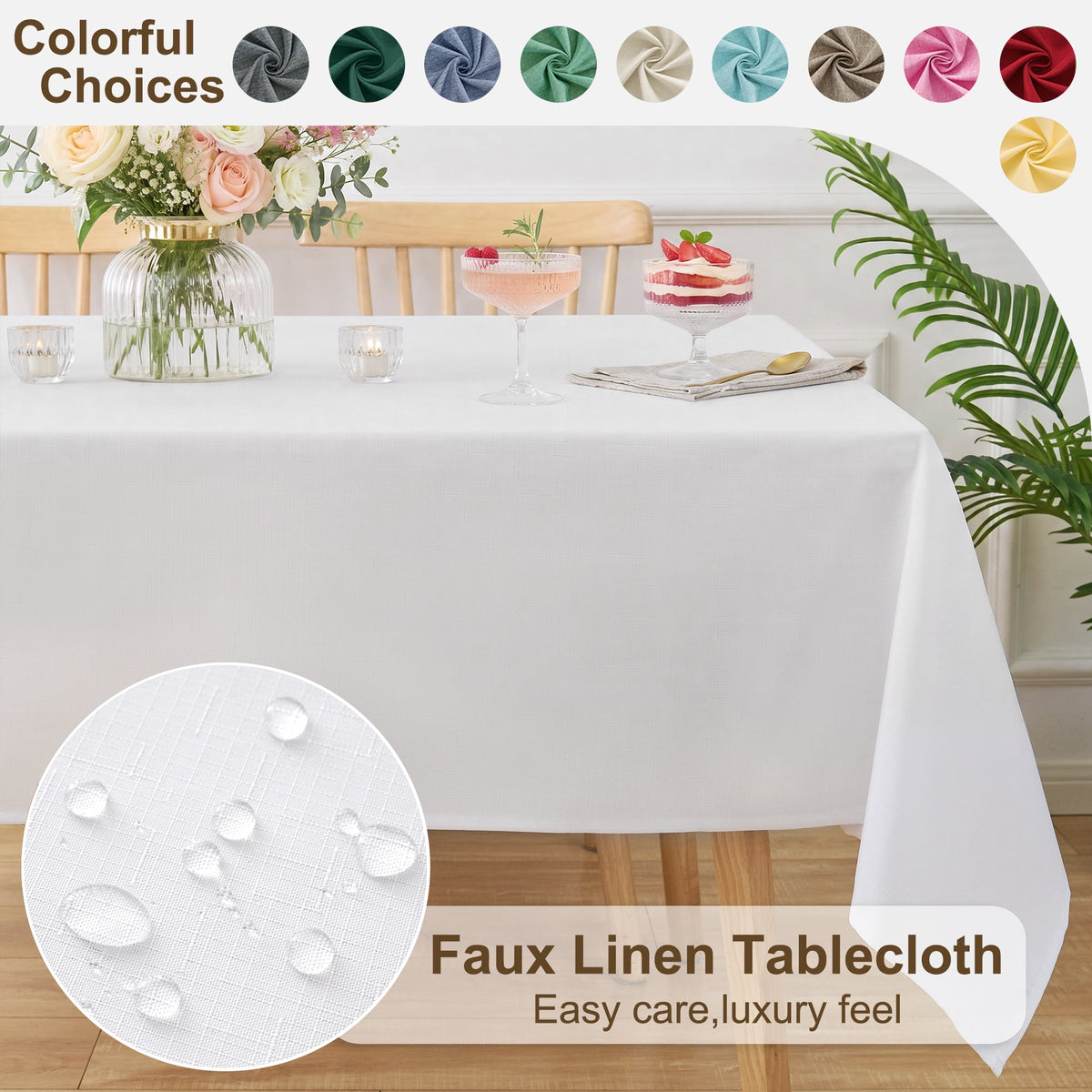 Inosoo Faux Linen Textured Rectangle Tablecloth - 60 x 84 inch Waterproof & Machine Washable Linen-Look Cloth Table Cover, White
