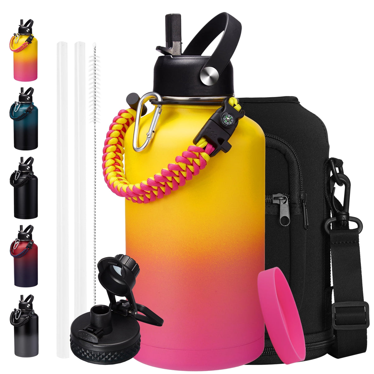64 oz Water Bottle with Straw & Spout Lids - Half Gallon Insulated Water Bottle,Wide Mouth Metal Canteen Thermo Flask,Leak-proof Water Jug,Black