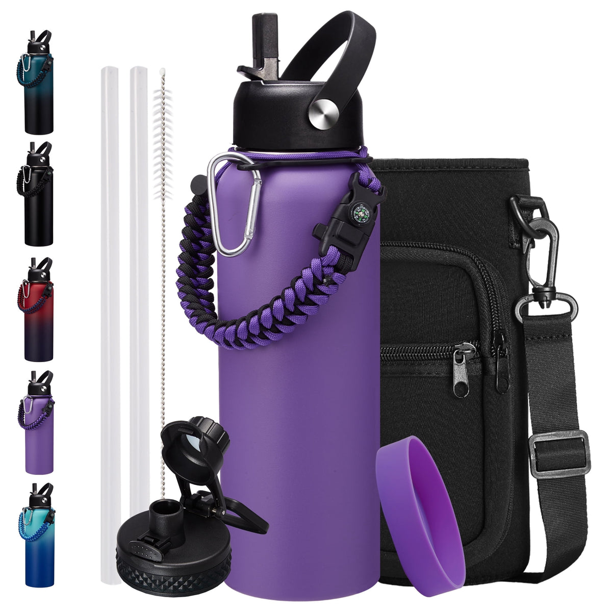 64 oz Water Bottle with Straw & Spout Lids - Half Gallon Insulated Water Bottle,Wide Mouth Metal Canteen Thermo Flask,Leak-proof Water Jug,Black