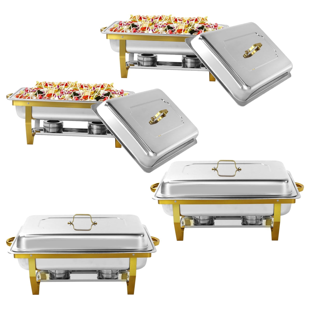 Jacgood Rectangle Golden Chafing Dish Buffet Set, 8Qt 4 Pack Full Pan Stainless Steel Catering Warmer Set with Water Pan for Home Party, Buffets, Wedding, Banquet, Catering Events