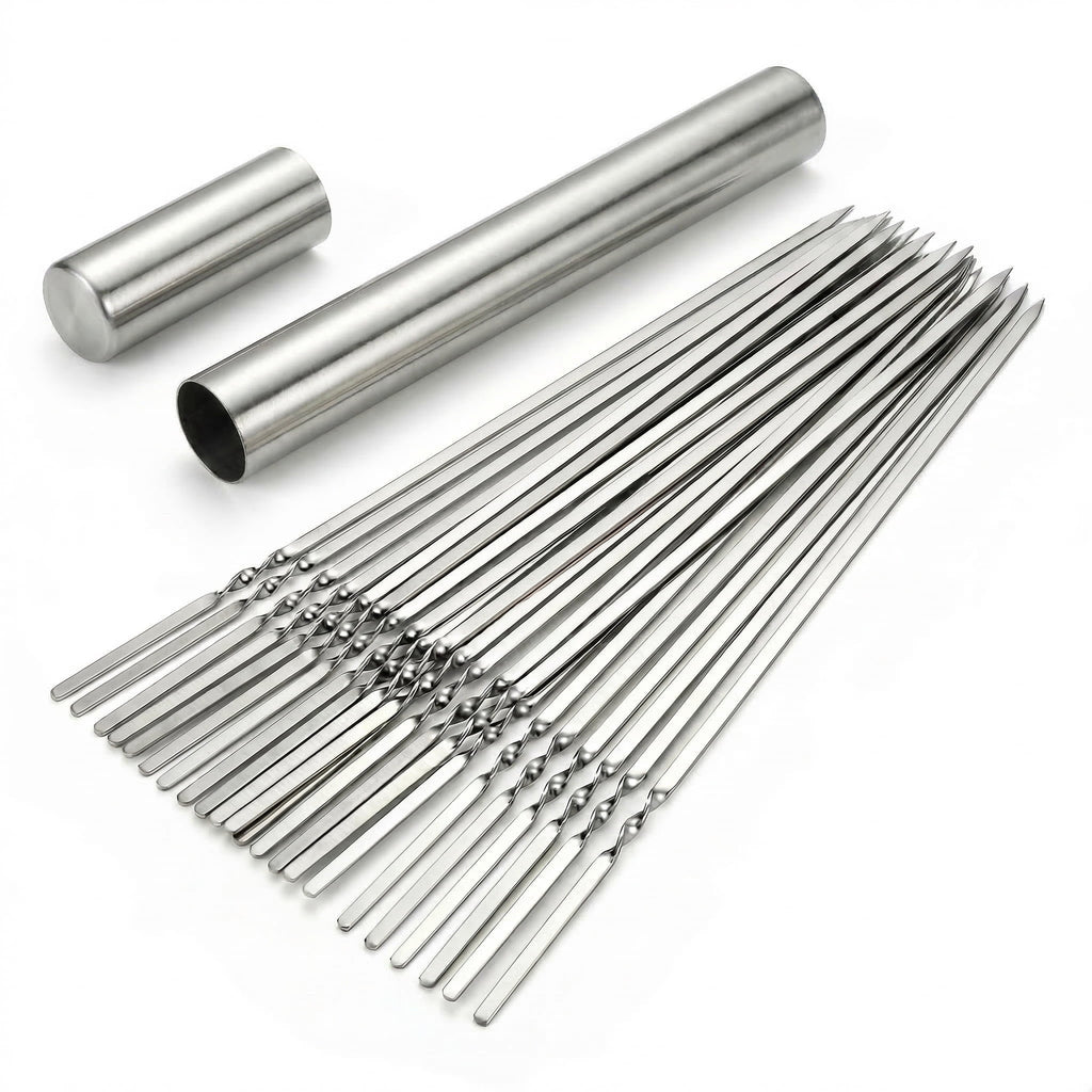 CNDRLEF 20PCS 13inch Stainless Steel BBQ Skewers, Reusable Grilling Skewer Sticks with Portable Tube Case for Outdoor Cooking & Barbecue Party