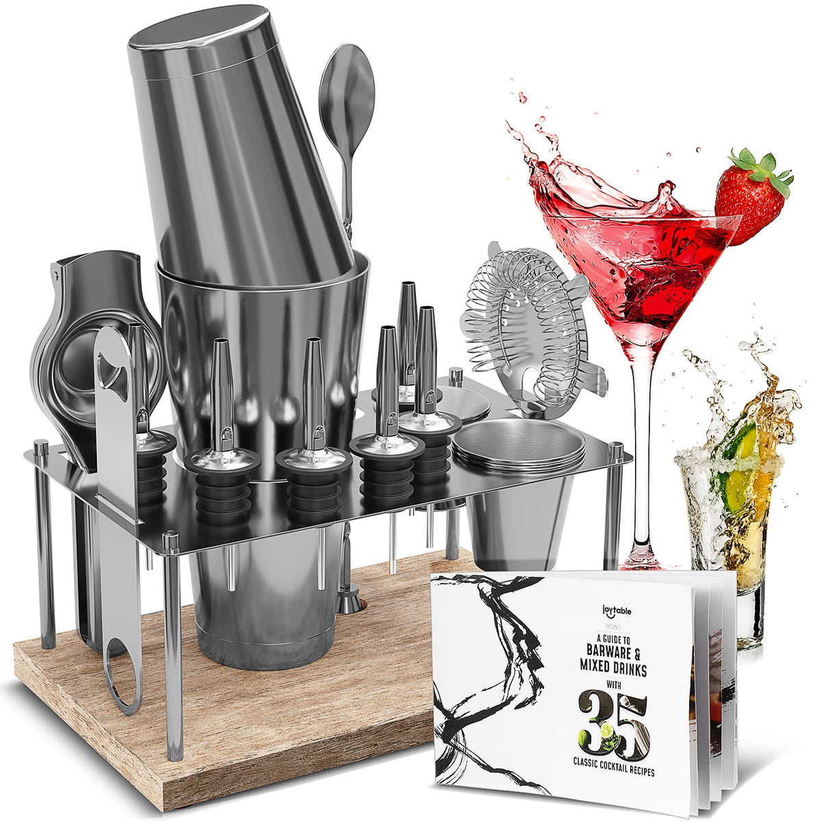 JoyTable 16pc Bartender Cocktail Shaker Set, Stainless Steel Bartender Kit Bar Tool Set, with All Bar Accessories Plus Lemon Squeezer and Great Recipe Book