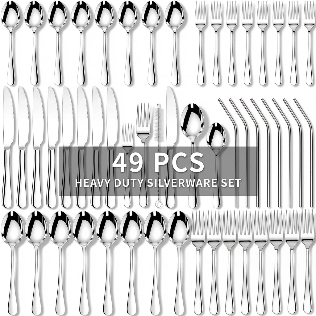 Kikcoin Silverware Set for 8, 49 Pcs Stainless Steel Flatware Set, Mirror Polished Tableware Cutlery for Home, Restaurant, Dishwasher Safe