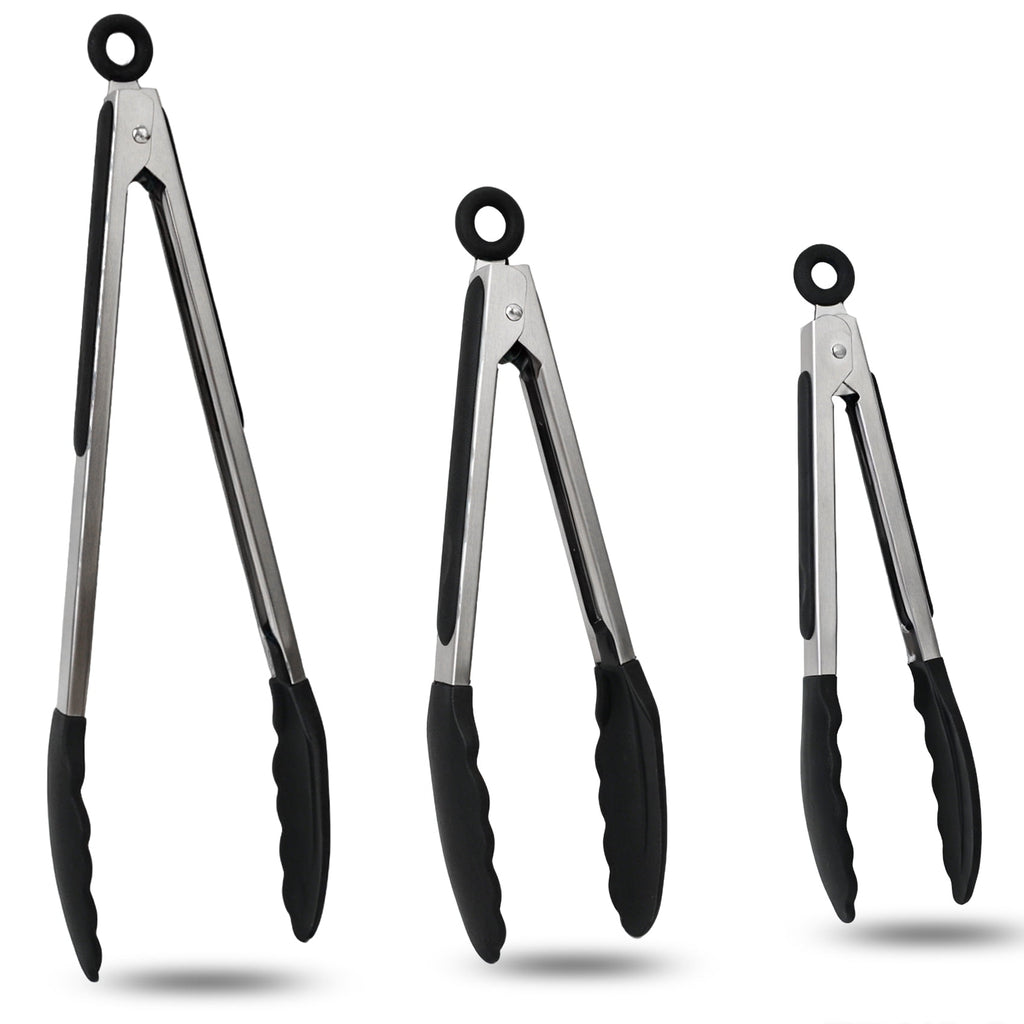 Kitchen Tongs Set, 3 Pcs Heat Resistant Silicone Tipped Cooking Tongs, 7"/9"/12" Stainless Steel Locking Tongs for BBQ, Salad & Grilling