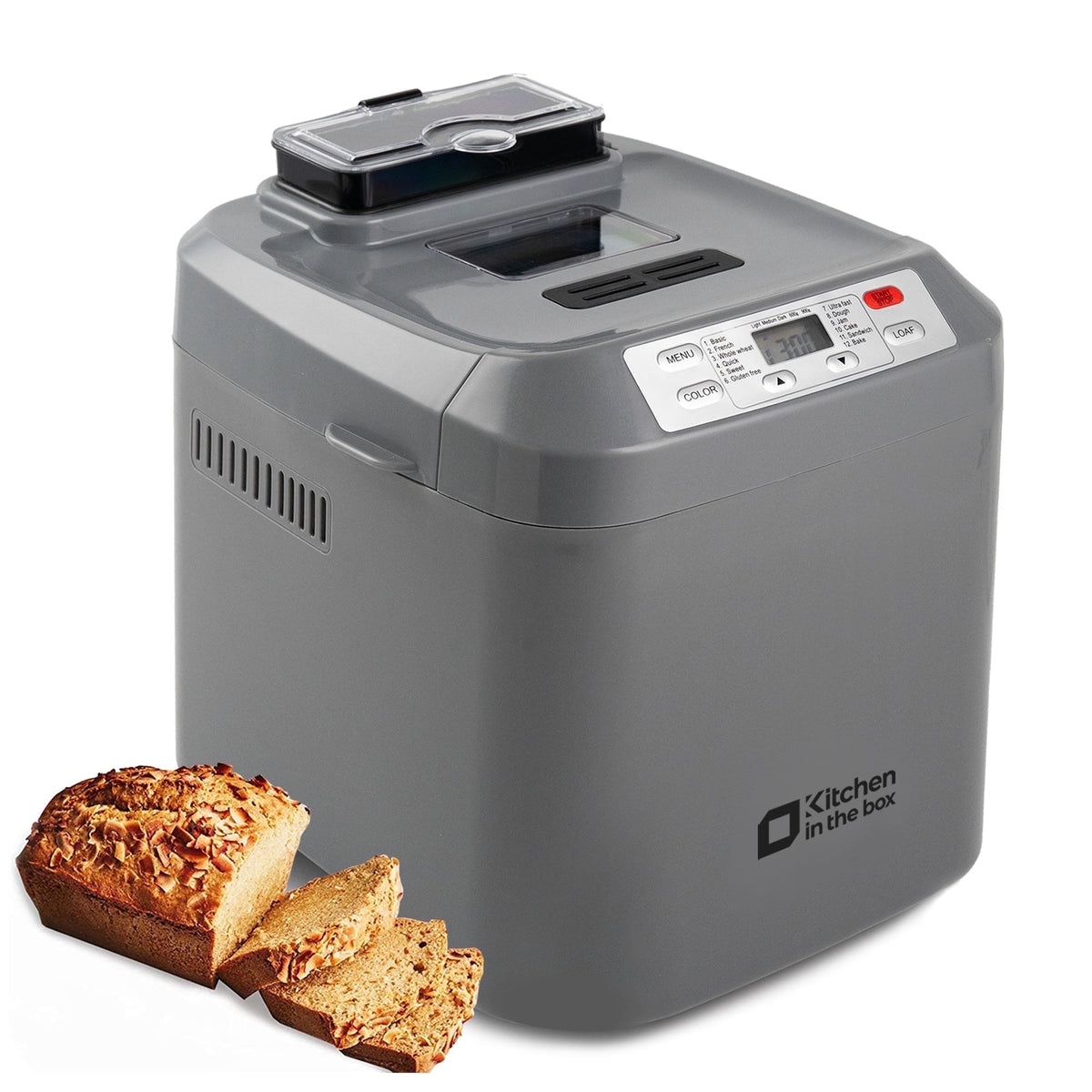 Kitchen in the Box 2lb Bread Maker with Auto Fruit Nut Dispenser, 12-in-1 Gluten-Free Bread Machine, 13H Delay Timer, Nonstick Pan, Keep Warm, White
