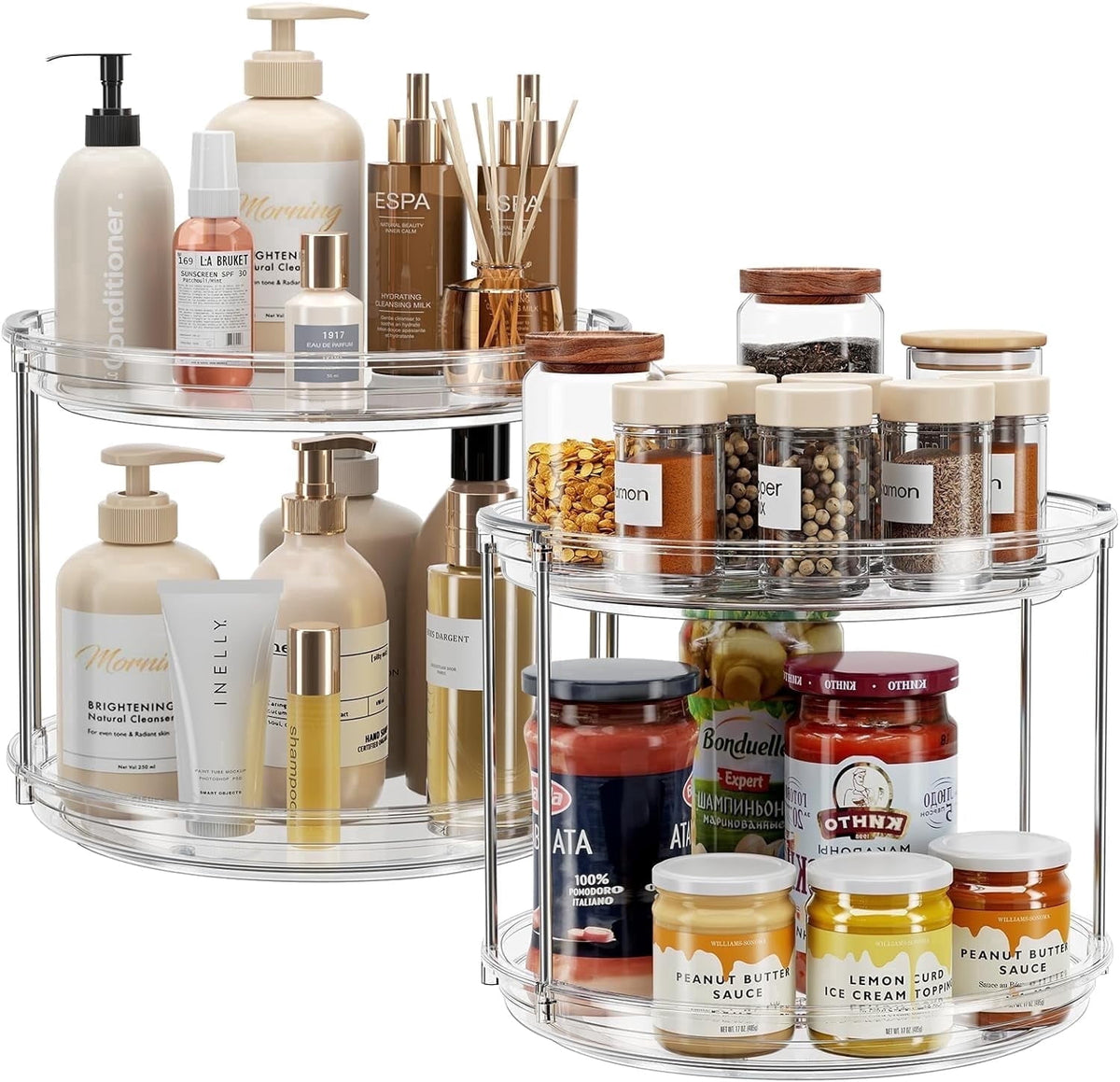 ROSSNY 2 Pack 9.25" 2-Tier Lazy Susan Turntable Organizer Countertop Kitchen Organization and Storage Spice Rack Bathroom Vanity Holder, Clear