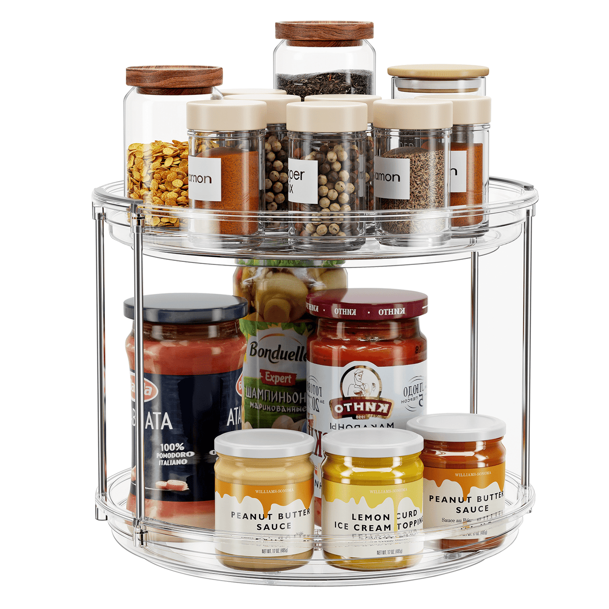 ROSSNY 2 Pack 9.25" 2-Tier Lazy Susan Turntable Organizer Countertop Kitchen Organization and Storage Spice Rack Bathroom Vanity Holder, Clear