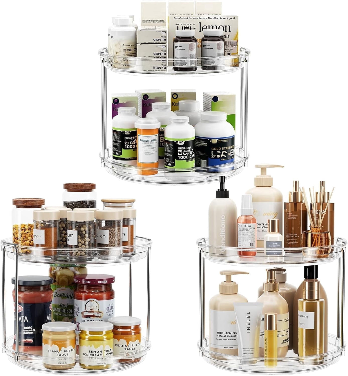 ROSSNY 2 Pack 9.25" 2-Tier Lazy Susan Turntable Organizer Countertop Kitchen Organization and Storage Spice Rack Bathroom Vanity Holder, Clear