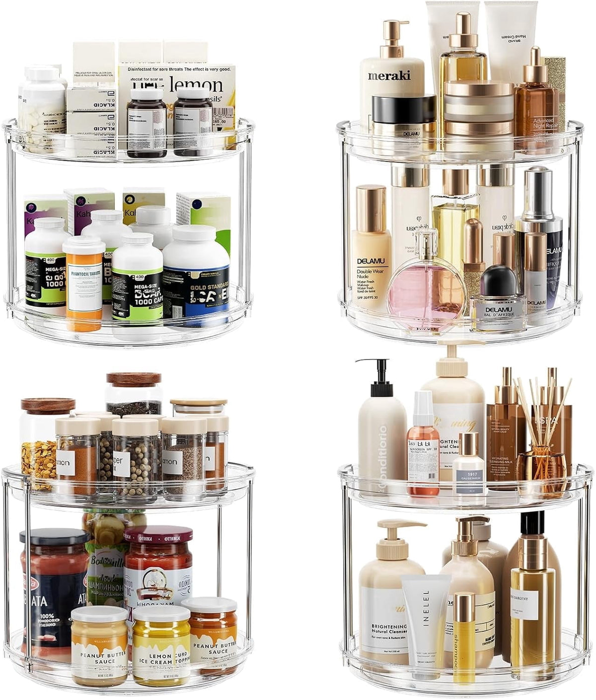 ROSSNY 2 Pack 9.25" 2-Tier Lazy Susan Turntable Organizer Countertop Kitchen Organization and Storage Spice Rack Bathroom Vanity Holder, Clear