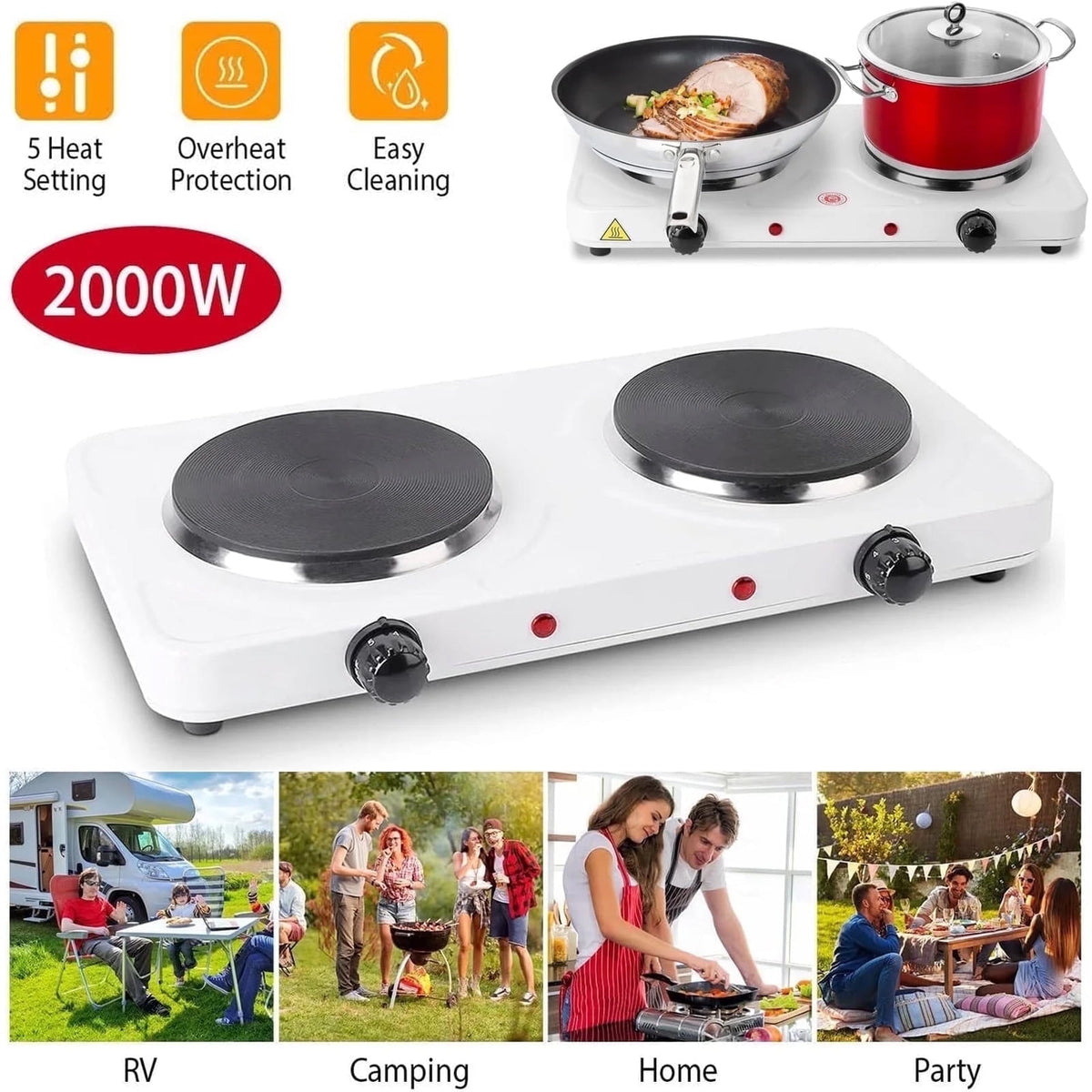 Electric Countertop Double Burner for Cooking, Portable 2000W Countertop Cast Iron Stove Burner, Hot Plate Temperature Controls with 5 Adjustable for RV/Home/Camp, Black