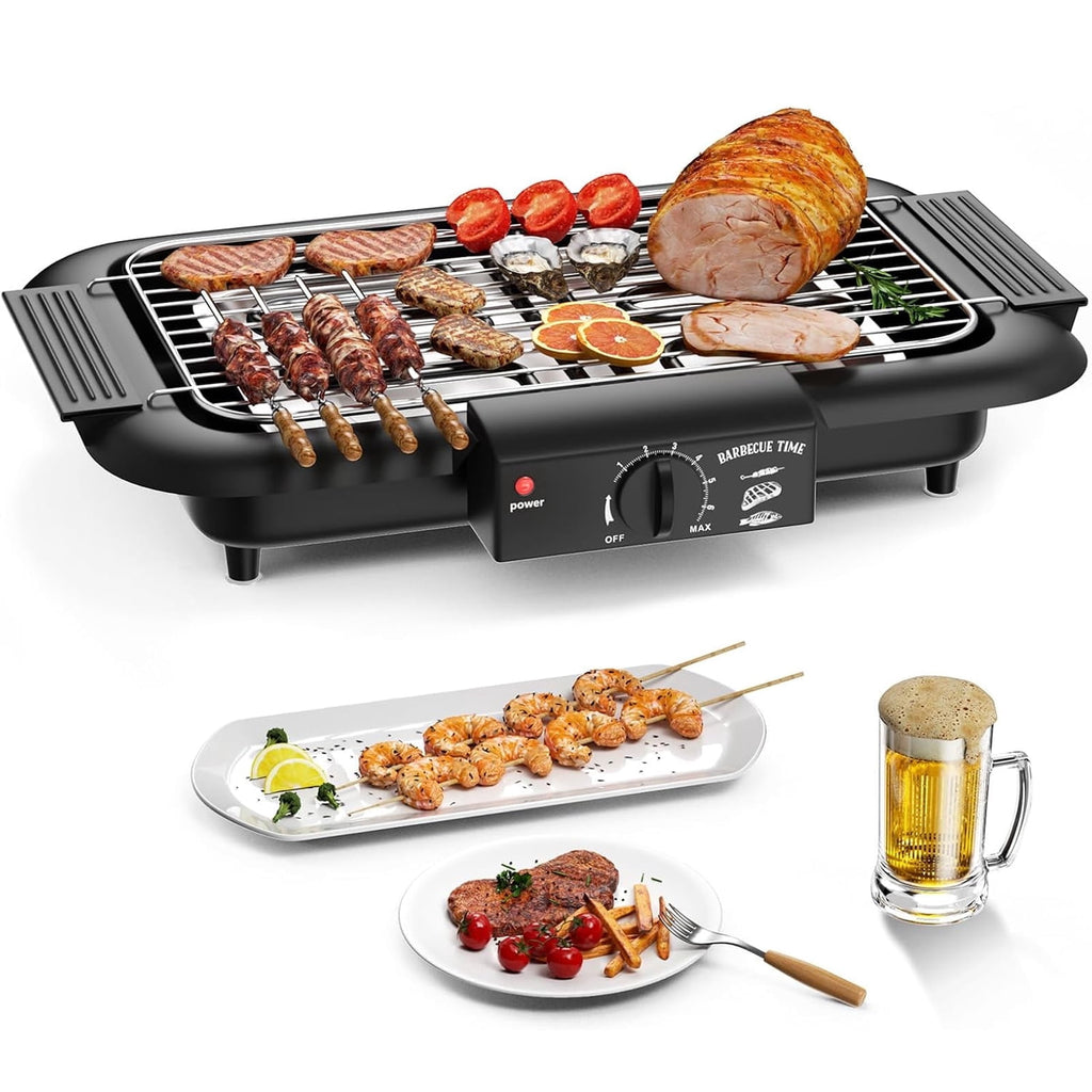 LASIEYO Electric Smokeless Grill, Non-Stick BBQ Grill Indoor Outdoor Barbecue Grill, Adjustable Temperature Control High Power Portable Removable Stand Grill for Cooking BBQ Party, Black